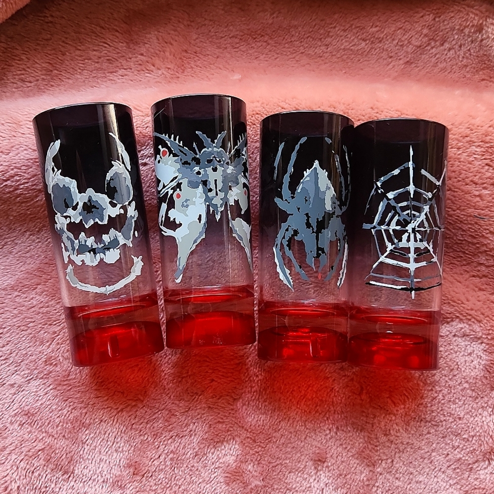 4 spooky Red and Black Gothic Halloween shot glasses